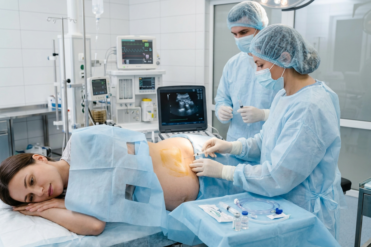 Healthcare workers administering ultrasound-guided injection to patient's abdomen